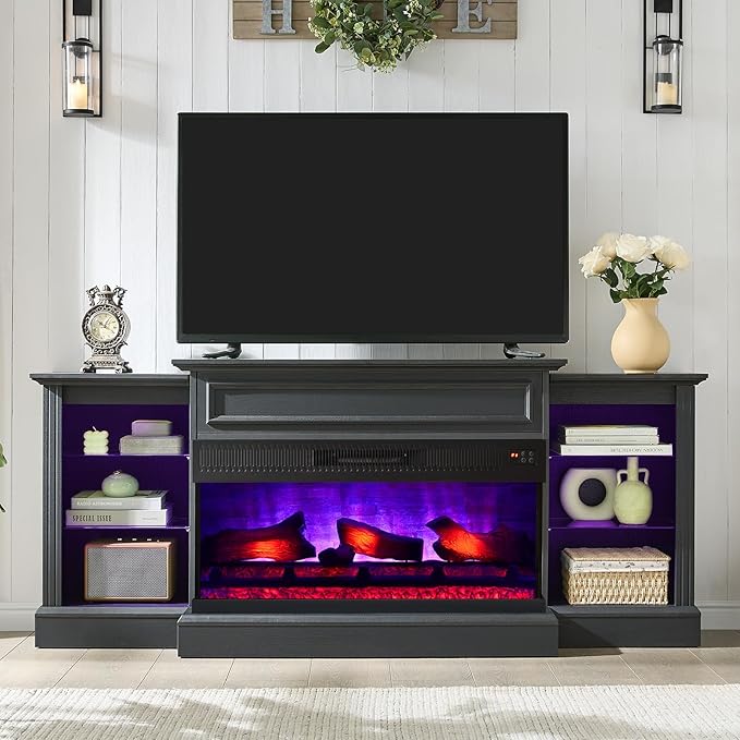 AMERLIFE 70" Farmhouse Electric Fireplace TV Stand, 3-Sided Entertainment Center with Mantel for TVs up to 75", Adjustable Shelves & LED Lights, Antique Black