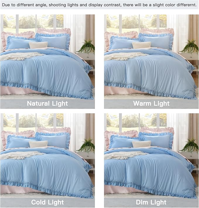 Litanika Light Blue Full Size Comforter Sets, 3 Pieces Ruffle Farmhouse Aesthetic Bedding Comforter Sets, All Season Soft Lightweight Fluffy Microfiber Bed Set(79x90In Comforter, 2 Pillowcases)