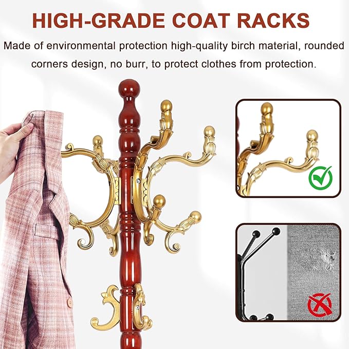 Coat Racks Freestanding, Natural Wood Coat Stands with 14 Hooks, 73" Heavy Duty Adjustable Height Vintage Hall Tree for Entryway, Bedroom, Office, Easy Assembly (Begonia)