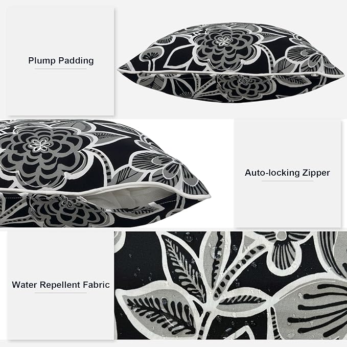 Outdoor Throw Pillow Covers Pack of 2, Decorative Water Repellent Square Pillow Cases 18x18 Inch, Patio Pillowcases for Home Patio Furniture Use, Flower Black