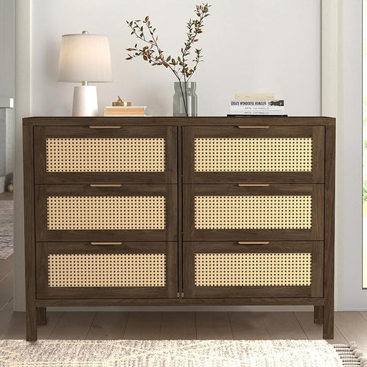 Wood 6 Dresser for Bedroom, Wide Rattan Drawer with Gold Handle for Bed Room, Hallway, Brown Oak