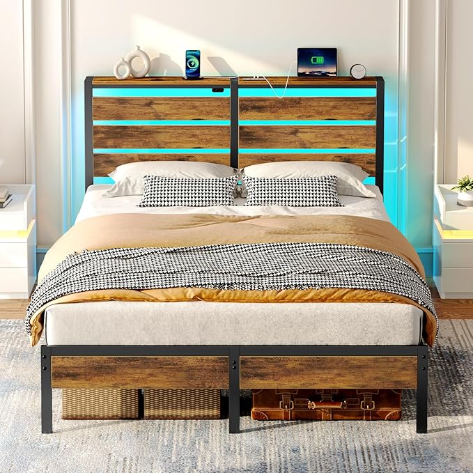 Rolanstar Bed Frame Queen Size with USB Charging Station, LED Bed Frame with Wood Storage Headboard, Rustic Brown Metal Platform Bed with Under Bed Storage, No Box Spring Needed, Noise Free