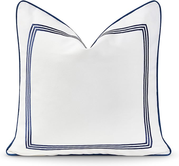 Hofdeco Premium Coastal Hampton Style Patio Indoor Outdoor Pillow Cover Only, 20"x20" Water Resistant for Backyard, Couch, Navy Blue Embroidered Square Line