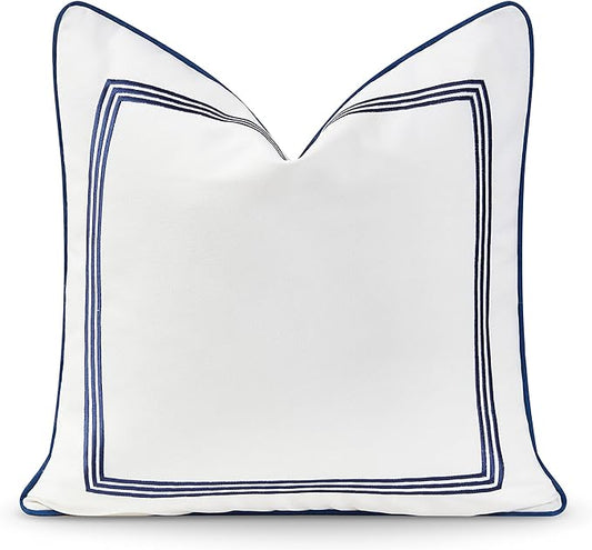 Hofdeco Premium Coastal Hampton Style Patio Indoor Outdoor Pillow Cover Only, 20"x20" Water Resistant for Backyard, Couch, Navy Blue Embroidered Square Line