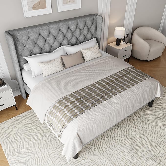 King Size Upholstered Bed Frame with Wingback Headboard, Fabric Linen Platform Bed, 8" Under Bed Storage, Wooden and Metal Slats Support, No Box Spring Needed, Light Grey