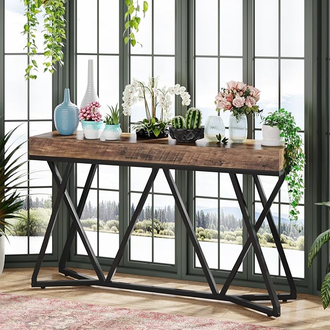 Tribesigns 55 Inch Console Table, Farmhouse Sofa Table Wood Entryway Table with Unique Metal Base, Behind The Couch Table Foyer Table, Industrial Accent Table for Hallway, Living Room, Rustic Brown