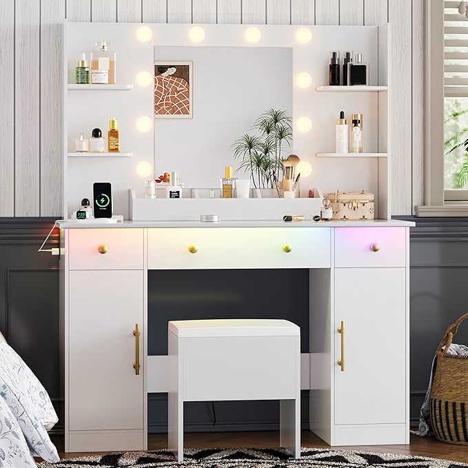 Vanity Desk with Mirror and Lights, 43'' White Makeup Dressing Table Set with 5 Drawers & Chair, Power Outlet, 3 Lighting Modes Adjustable Brightness & RGB LED for Women Girls Bedroom Bathroom