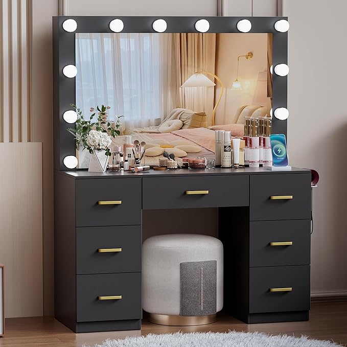 Black Makeup Vanity Desk with Lighted Mirror & Power Outlet,3 Color Modes, Brightness Adjustable,Vanity Table with Drawer,Sliding 2 Storage Wall-Mounted Jewelry,4 Shelves for Bedroom