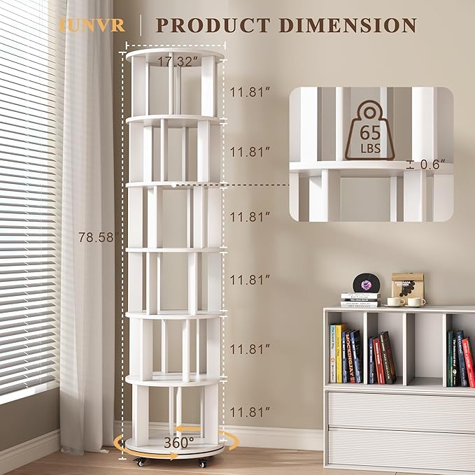 6 Tier Bookshelf Tower, 360° Solid Wood Spinning Bookcase with Swivel Wheels, Floor Standing Book Shelf for Small Space, Bookshelf for Home Office Study Room Bedroom Living Room
