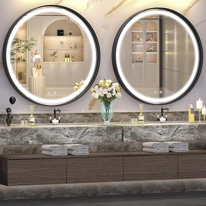 Hasipu 28 Inch Round LED Mirror for Bathroom with Lights, Black Circle Vanity Mirror for Wall, Metal Framed Frontlit Bathroom Mirrors Anti-Fog, Dimmable, 3 Colors Makeup Mirror Wall Mounted