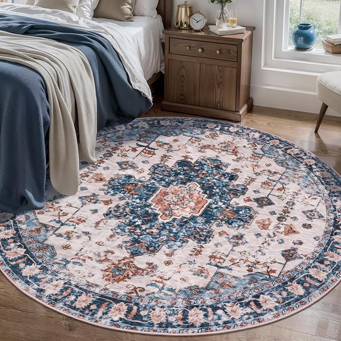 Tangsoo Vintage Round Rug 5ft,Washable Circle Rug, Non Slip Boho Round Area Rug, Low Pile Circular Rugs, Round Carpet for Bedroom,Livingroom,Nursery,Dorm,Office,Blue/Orange