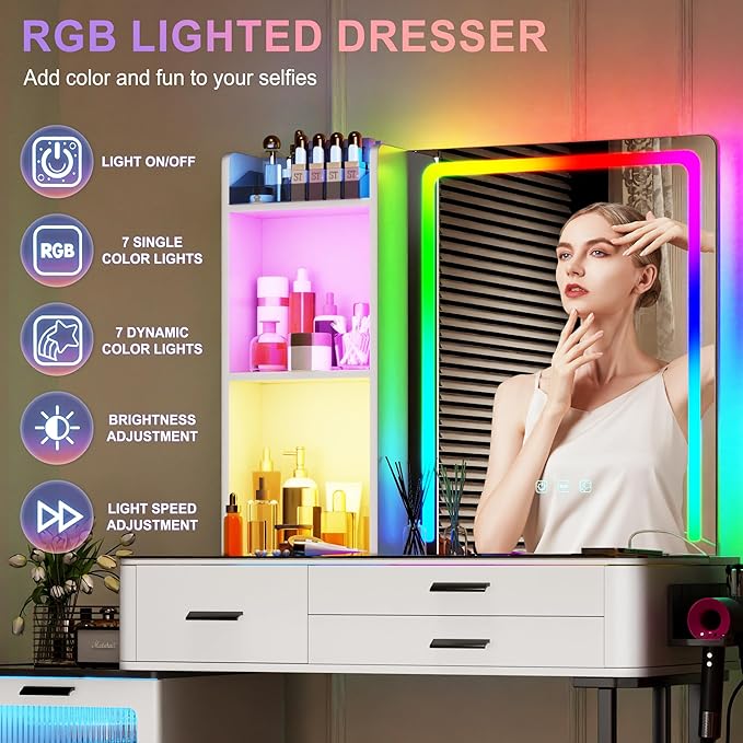 HNEBC Vanitys with HD Glass Display Table, Makeup Desk with Lighted Mirror and Charging Station, Dressing Table with RGB Lights,Jewelry Organizer,Cabinet,6Drawers,Chair for Women/Girls (White)