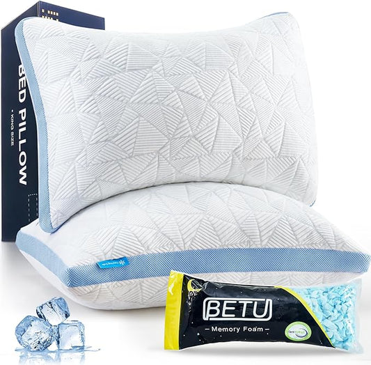 BETU Cooling Pillows Standard Size Set of 2, Shredded Memory Foam Cool Pillows for Hot Sleepers, Adjustable Firm Soft Support Bed Pillows Perfect for Back Neck Pain and Side Sleeping, Blue