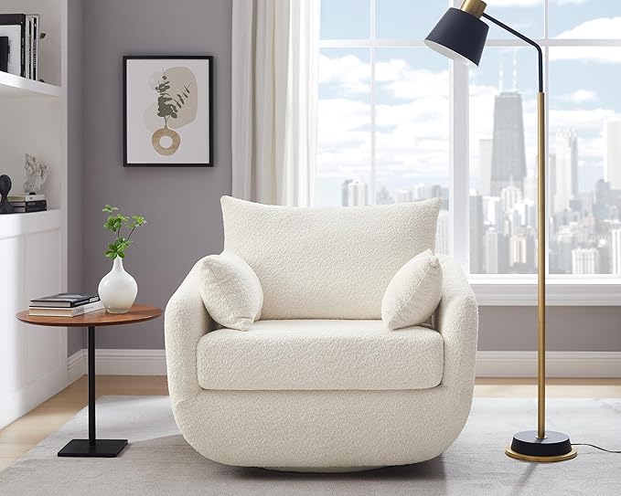 360° Swivel Accent Armchair, 39.3" Oversized, Sherpa Boucle Fabric Sofa Chair with Removable Back & Arm Pillows, Cream White Swivel Chair with Cozy Soft Padded, No Assembly Required