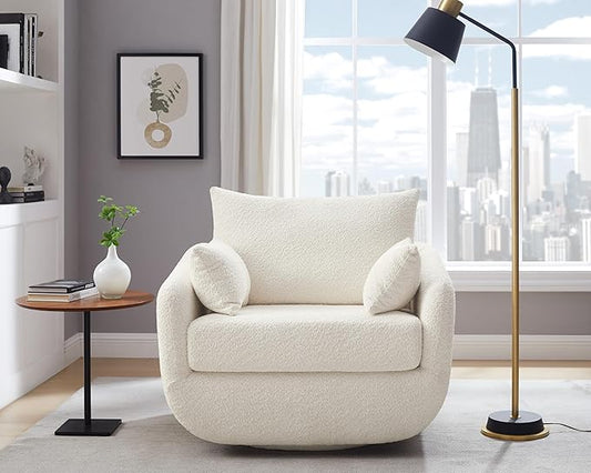 360° Swivel Accent Armchair, 39.3" Oversized, Sherpa Boucle Fabric Sofa Chair with Removable Back & Arm Pillows, Cream White Swivel Chair with Cozy Soft Padded, No Assembly Required