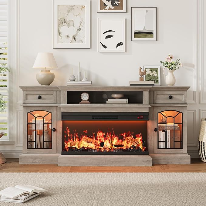 QUW 70" Farmhouse Fireplace TV Stand for TVs up to 80", Entertainment Center with 36" 3-Side Glass Electric Fireplace with Open Shelf and Cabinet, TV Console for Living Room, Grey