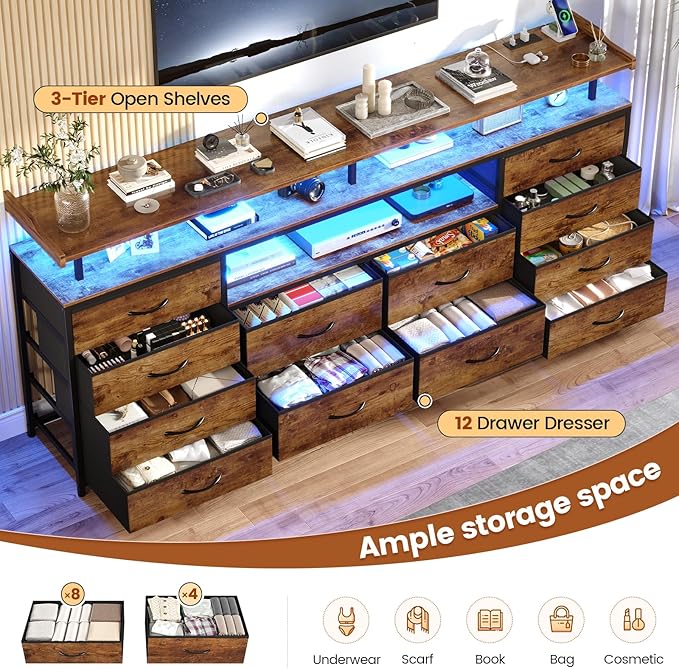 12 Drawers TV Stand Dresser for 65/70 inch TV, Entertainment Center with LED Lights & Power Outlets, 63" Large LED TV Stand, TV Console for Bedroom