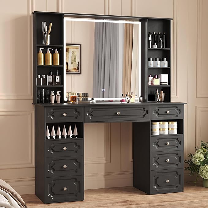 Makeup Vanity with 30" HD Lighted Mirror, 47" Large Vanity Desk with 9 Drawers & 10 Open Storage Shelves, Brightness Adjustable, Dressing Table for Bedroom, Women Girl (Black, B Panel)