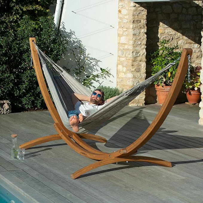 LA SIESTA® - XL King Brisa Classic Hammock & Elipso Stand - Larch Wood Hammock Stand - Weather & Tear Resistant - Backyard Outdoor Hammock with Stand - Family Hammock and Stand - Max 440 Lbs, Almond