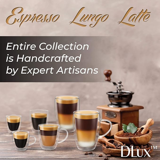 DLux Espresso Coffee Cups 3oz, Double Wall, Clear Glass Set of 2 Glasses with Handles, Insulated Borosilicate Glassware Tea Cup