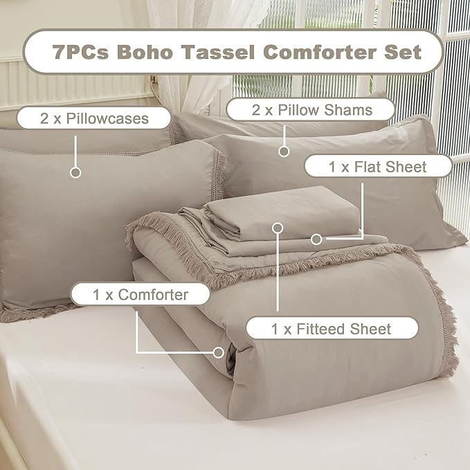 Andency Wheat Full Size Comforter Set with Sheets - 7 Pieces Boho Tassel Bed in a Bag Soft Lightweight Bedding Sets, Wheat Fringe Bed Set with Comforter, Sheets, Pillowcases & Shams
