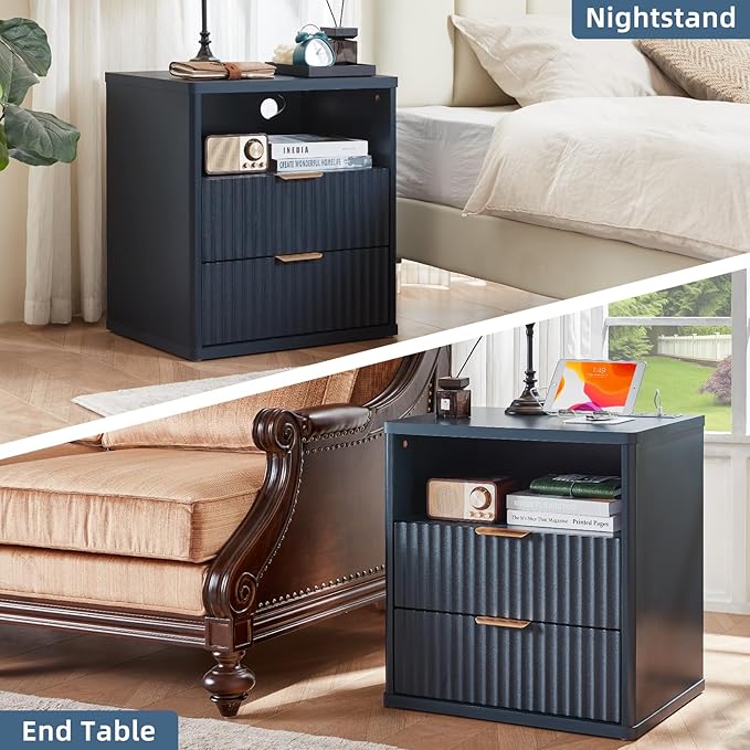 LEYAOYAO Fluted Farmhouse Nightstand Set of 2 with Charging Station, 23" Wide 2 Drawers End Table,Navy Blue Dresser for Bedroom,Bed Side Table Chest of Drawers Cabinet,Wood Night Stand for Living Room