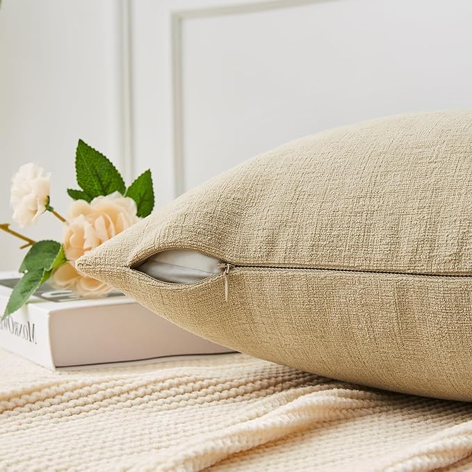GAWAMAY Lumbar Decorative Throw Pillow Covers 12"x20" Inch Set of 2, Super Soft Chenille Rectangle Pillowcase for Living Room Bedroom Sofa Couch Cushion Support Pillow Cover 30x50cm Khaki (No Insert)