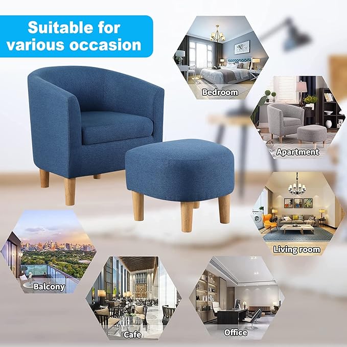 DAZONE Accent Chair Set of 2 Mid Century Modern with Ottoman Comfy Armchair Footrest Comfortable Living Room Chairs Upholstered Barrel Round Club Tub Sofa for Bedroom Reading Blue (D79402)