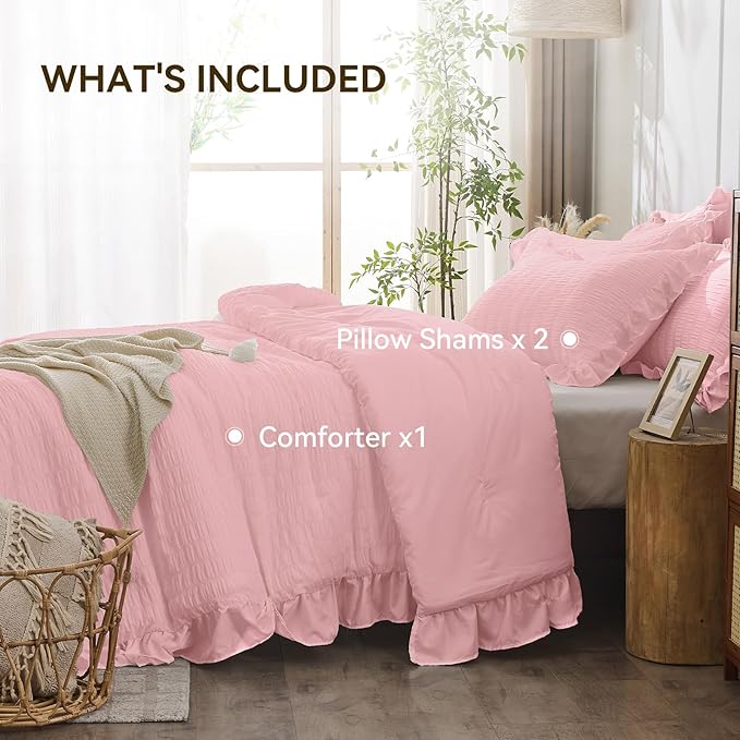 JOLLYVOGUE Pink Seersucker Queen Comforter Set, 3 Pieces Bed in a Bag Comforter Set, Lightweight & Fluffy Bedding Sets Queen for All Season with 1 Ruffle Comforter and 2 Ruffle Pillowshams