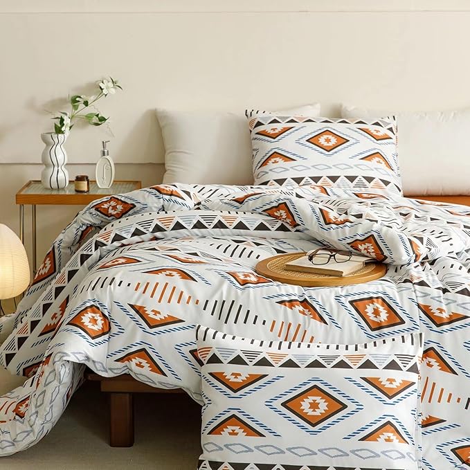 Luxlovery Beige Aztec Comforter Set Queen Boho Geometric Bedding Comforter Set American Farmhouse Tribal Ethnic Blanket Quilts Western 3pcs Comforter Set Queen Size