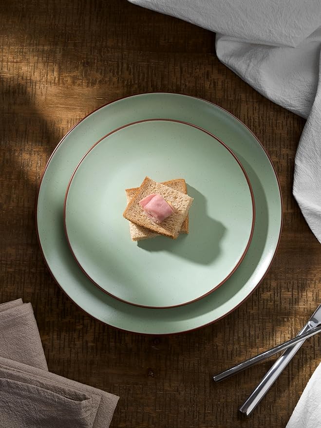 Famiware Venus Ceramic Plates and Bowls Sets, Speckled Dinnerware Dish Sets for 8 (24 Pieces) - Microwave and Dishwasher Safe, Matte Light Green