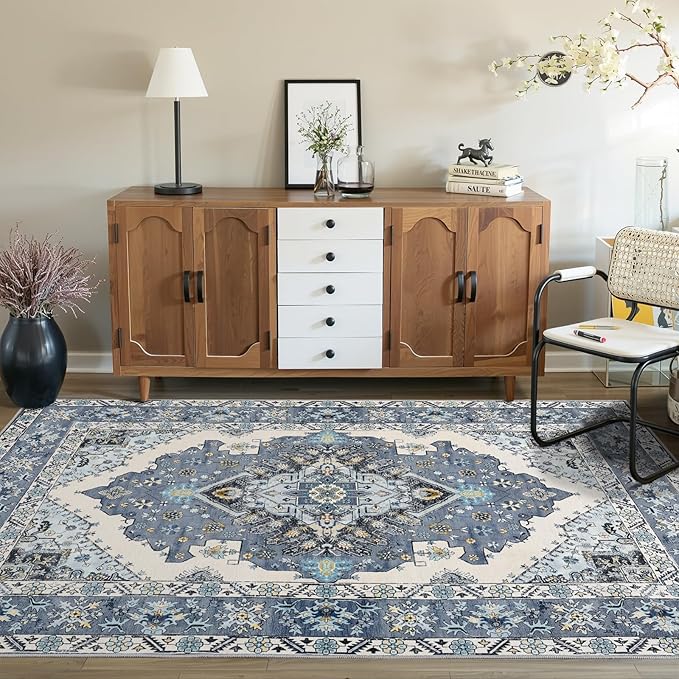 Living Room Rug 6x9 Rug, Machine Washable Area Rug Non Slip Low Pile Rug for Living Room, Bedroom, Farmhouse, Dining Room, Blue