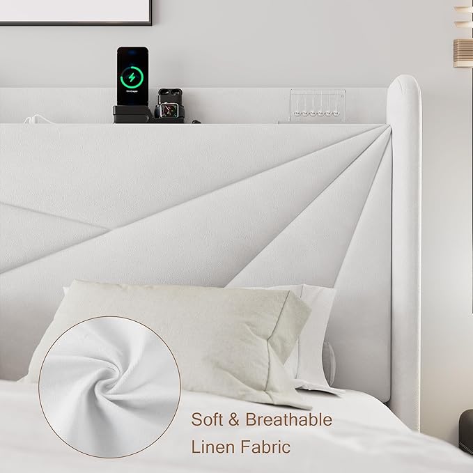 King Size Upholstered Bed Frame with Charging Station, Platform Bed Frame with Storage Headboard, Solid Wood Slats Support, No Box Spring Needed, White