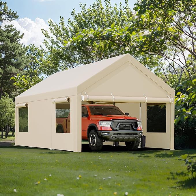 JY QAQA Carport, 10x20 FT Heavy Duty Carport Reinforced Steel Poles with Removable Sidewalls & Doors,Roll-up Windows Car Canopy with Sandbags and All-Season Tarp for Car Boat Truck Motorcycle