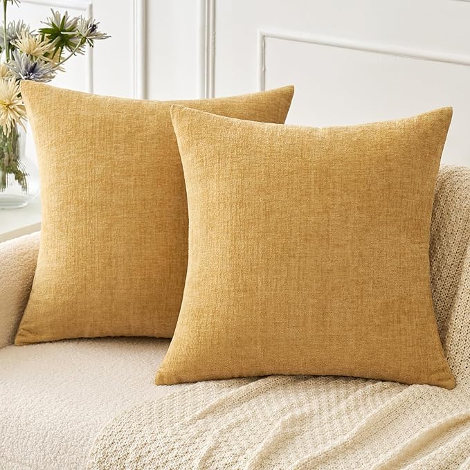 MIULEE Pack of 2 Couch Throw Pillow Covers 20x20 Inch Soft Gold Chenille Pillow Covers for Sofa Living Room Solid Dyed Pillow Cases