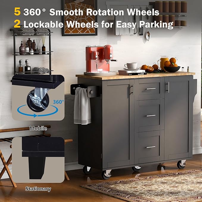 Rolling Mobile Kitchen Island Cart Cabinet with Door Internal Storage Rack, 3 Drawers and 2 Slide-Out Shelves for Dining Room