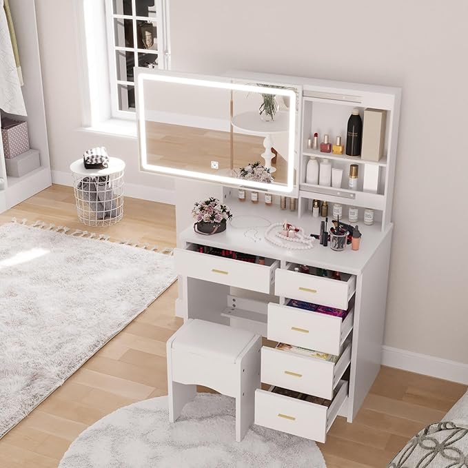 Vanity Desk with Mirror and Lights, 31.5" Makeup Vanity with Sliding Mirror and 3 Light Modes, Modern Vanity Table with 5 Drawers, Hidden and Open Storage Shelves, Makeup Desk for Bedroom, White