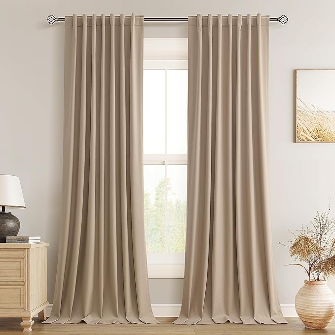 Guken Tan Blackout Curtains 120 Inch Length 2 Panels Set for Living Room Bedroom Back Tab Thermal Insulated 100% Black Out Linen Drapes Room Darkening Window Curtains 120 Inches Long