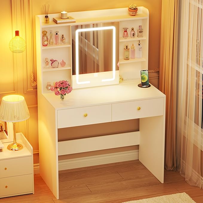 Vanity Desk with Mirror and Lights, 31" Makeup Vanity Desk with Lights 3 Colors, Small Vanity with 2 Storage Drawers & 6 Shelves for Girls Women Bedroom, White