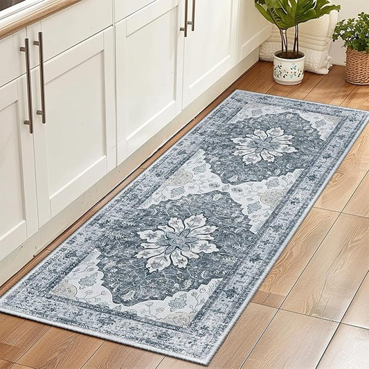Area Rugs 2'x6' Washable Non-Slip, Floral Vintage Distress Print Pattern Medallion Carpet for Living Room Bedroom Dining Room, Light Gray Grey White