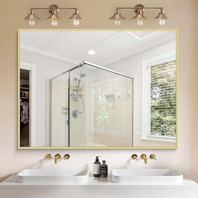 KOCUUY Gold Bathroom Mirror, 48"x36" Large Rectangular Mirror with Metal Frame, Gold Vanity Mirror with Modern Design for Bathroom, Living Room, Farmhouse, Entryway, Hang Horizontal/Vertical