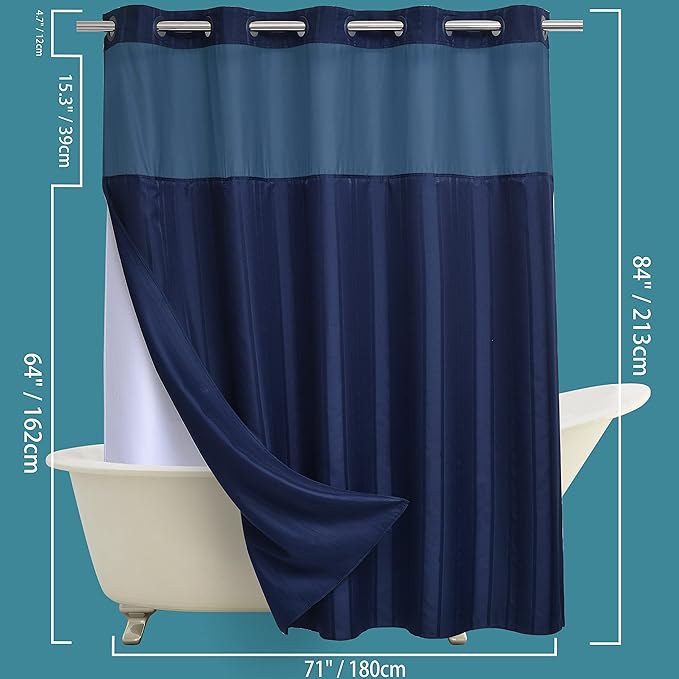 Extra Long No Hook Waffle Weave Shower Curtain with Snap in Liner Set, Hotel Luxury Dark Blue Shower Curtains for Bathroom with See Through Top Window, Waterproof, Washable 71W x 84H Stripe