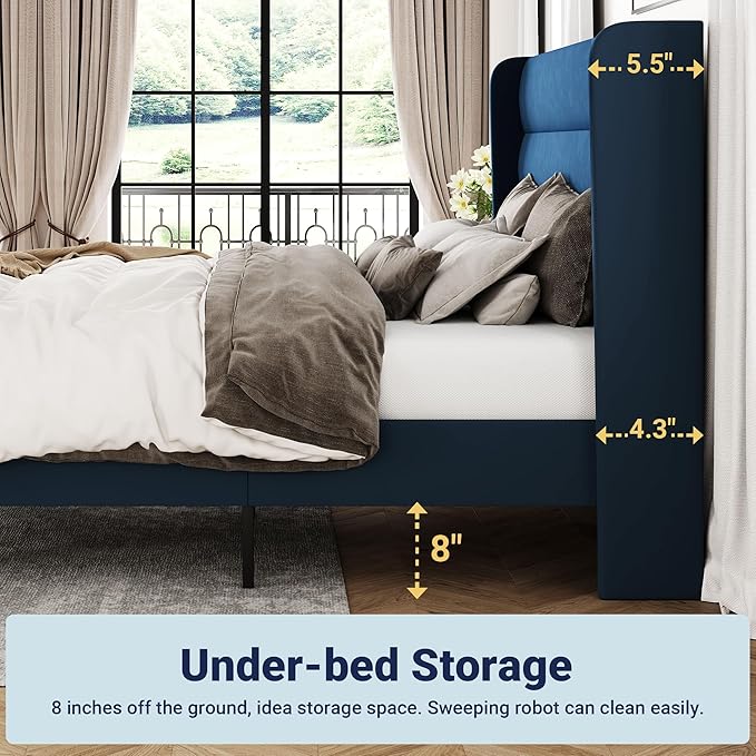Allewie Queen Size Platform Bed Frame with Velvet Upholstered Wingback Headboard, No Box Spring Needed, Under Bed Storage Space, Wooden Slats, Modern Mattress Foundation, Easy Assembly, Blue