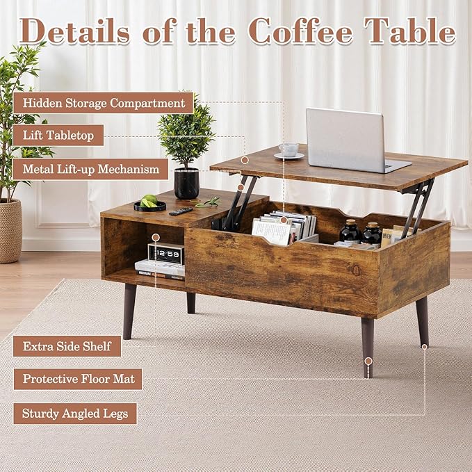 OLIXIS Wood Lift Top Coffee Table with Hidden Compartment and Large Storage Shelf, Lift Tabletop Dining Center Table for Home Living Room Office, Natural Wood