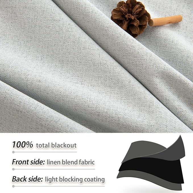 Static White Linen Blackout Curtains 84 Inch Length 2 Panels Set for Bedroom Darkening, 100% Black Out Thermal Insulated Back Tab Curtains Heating Blocking