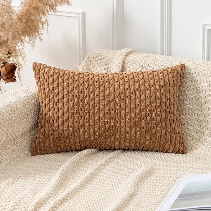 Kevin Textile Throw Pillow Covers Soft Corduroy Decorative Set of 2 Boho Striped Pillow Covers Pillowcases Farmhouse Home Decor for Couch Bed Sofa Living Room 12x20 Inch Khaki