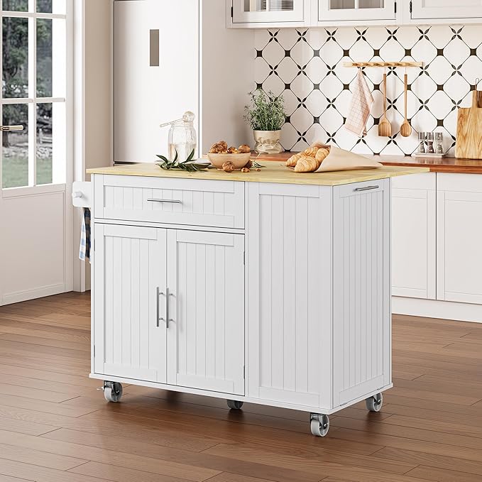 Rolling Kitchen Island with Drop Leaf, Kitchen Island Cart on Wheels with 43.3" W Top, Portable Kitchen Cart with Trash Can Storage, Kitchen Islands with Storage for Small Space, White