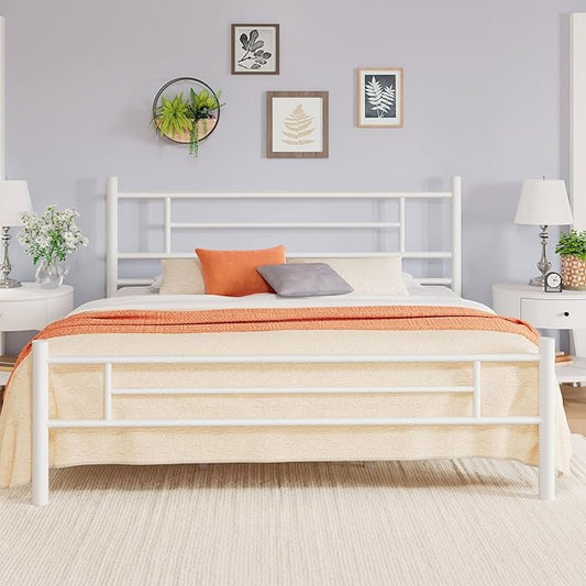Allewie 14 Inch King Size Metal Platform Bed Frame with Headboard and Footboard, Underbed Storage, Strong Metal Slats Support, Mattress Foundation, No Box Spring Needed, Easy Assembly, White
