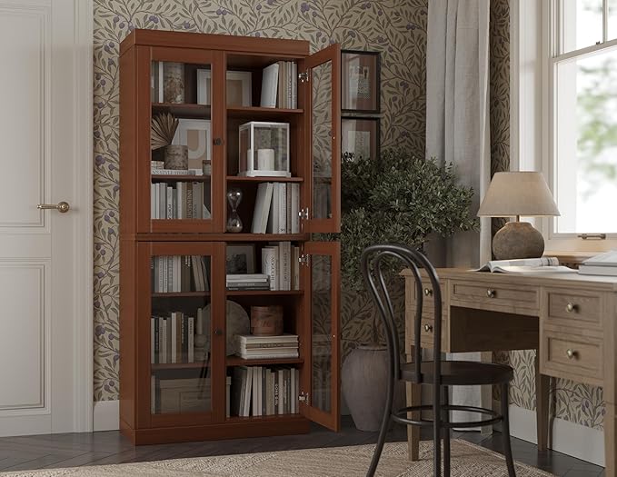 Palace Imports Solid Wood Bookcase - 6-Tier Tall Bookshelf, 71.5” H x 32” W - Mocha, Clear Glass Cabinet Doors & Adjustable Shelves for Living Room, 100% Renewable Eco-Friendly Wood, Made in Brazil