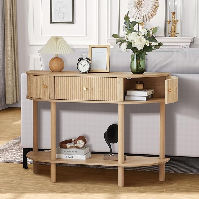 43.3“ Fluted Half Moon Console Table, Modern Entryway Console Sofa Table with Storage, Narrow Wood Accent Tables Behind Couch Tables for Living Room, Hallway, Foyer(Natural)